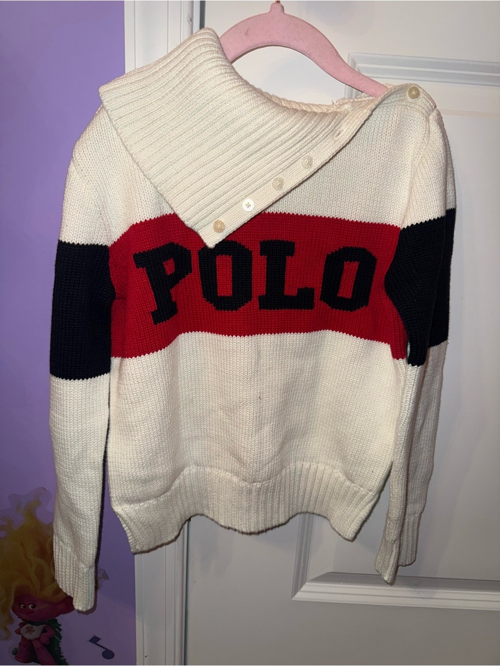 Polo by Ralph Lauren Cream Red Black Logo Knit Funnel Neck Sweater